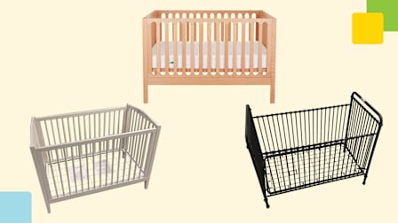 Pottery Barn Kids Emerson Convertible Crib, Newton Baby Galileo Convertible Crib, and Namesake Abigail 3 in 1 Convertible Metal Crib on pale yellow background with colored graphic elements in two corners