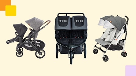 Uppababy Vista v3 with Rumbleseat, Bob Gear Revolution Flex 3.0 Duallie, and Uppababy GLink V2 double strollers on pale yellow background with colored graphic elements in two corners