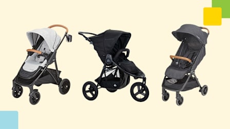 Chicco Corso LE Stroller, Bumbleride Indie, and Nuna Trvl LX traditional strollers on pale yellow background with colored graphic elements in two corners