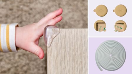 Clockwise: closeup of a toddler's hand touching a corner protector on a coffee table, Pom Corner Protectors, Poikshark Edge Corner Protector.