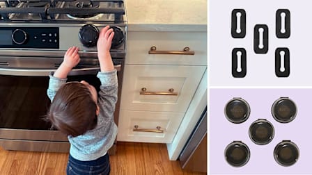 Clockwise: a toddler reaching towards the knobs on a gas oven which are covered with Safety 1st Stove Knob Covers, Vadiff Silicone Stove Knob Locks, and KidCo S323 Stove Knob Covers
