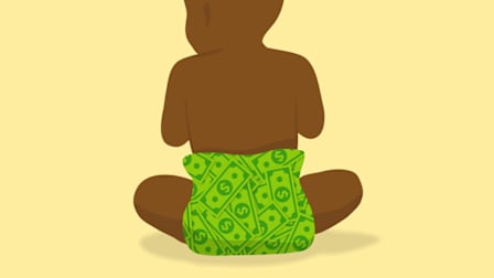 Illustration of a baby wearing a diaper made out of money.