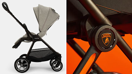 The Nuna x BMW TRIV next stroller and a detail of the Silver Cross & Automobili Lamborghini collaboration stroller, the Reef AL Arancio.