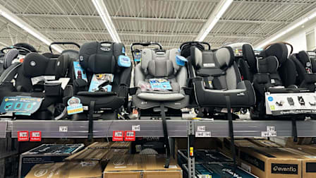 A line of car seats available for sale at Walmart.