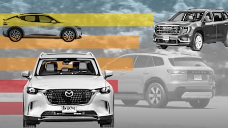 photo illustration of 2026 GMC Acadia, 2026 Mazda CX-90 PHEV, and 2026 Genesis GV60 with graphic horizontal lines and blurred car and trees tinted grey in background
2026 Honda Prologue