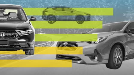 photo illustration of 2026 GMC Acadia, 2026 Mazda CX-90 PHEV, and 2026 Genesis GV60 with graphic horizontal lines and road through wooded area tinted blue and grey in background
2026 Honda Prologue