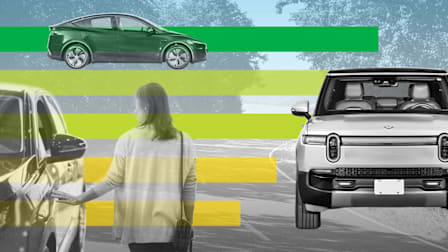 photo illustration of Rivian R1T and Tesla Model Y with graphic horizontal lines and person walking along side of car next to road and trees tinted grey in background