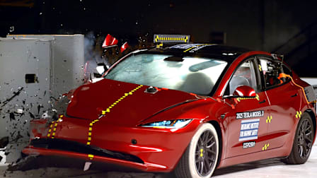 2025 Tesla Model 3 undergoing the IIHS passenger-side small overlap front test.