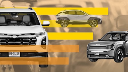 photo illustration of Chevrolet Equinox, Hyundai Kona, and Kia EV9 with graphic horizontal lines and blurred cars tinted brown in background