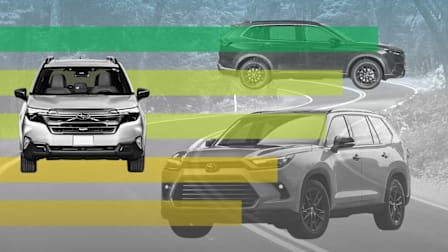 photo illustration with Subaru Forester Hybrid, Toyota Grand Highlander Hybrid, and Honda CR-V Hybrid with graphic horizontal lines and road through wooded area in background