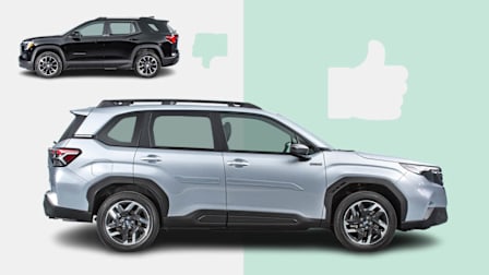 2026 Honda CR-V Hybrid next to graphic thumbs down and 2026 Dodge Hornet next to graphic thumbs up