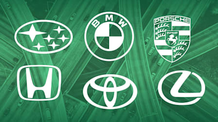 Subaru, BMW, Porsche, Honda, Toyota, and Lexus logos on background of tinted green overhead view of highway overpasses