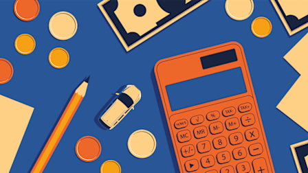 Illustration of a top down view of money, a calculator, a pencil, and a toy-sized car.
