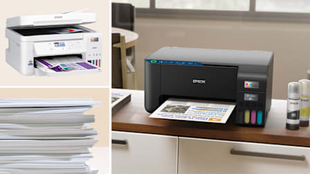 collage with Epson EcoTank ET-3843, stack of printer paper, and Epson EcoTank ET-2400 on cabinet in office with ink tanks to right of printer