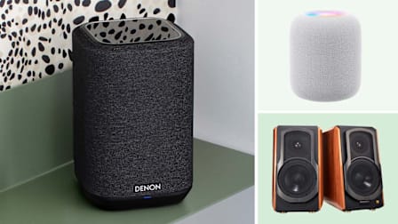 grid of three images with Denon Home 150 on green counter with black and white wallpaper and Apple HomePod (2nd Gen) and Edifier S1000W speakers on light green backgrounds