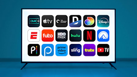 AMC+, Apple TV, The Criterion Channel, DirecTV Stream, Discovery+, Disney+, ESPN+, Fubo, Hulu, Hbo Max, Netflix, Paramount+, Peacock, Philo, Amazon Prime Video, Sling, Tubi, and YouTube TV Streaming app icons on TV screen.