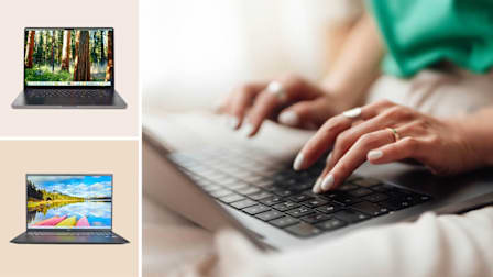 Apple MacBook Pro (MX2X3LL/A) and LG Gram 17" (17Z90TL-H.AUB8U3) alongside a close up photo of hands typing on a laptop.