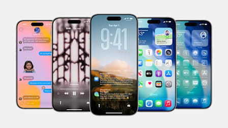 five iPhones, each showing a different feature in the iOS update, on grey background