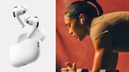 A woman in a plank exercise position wearing Apple AirPods Pro 3 next to an image of the product.