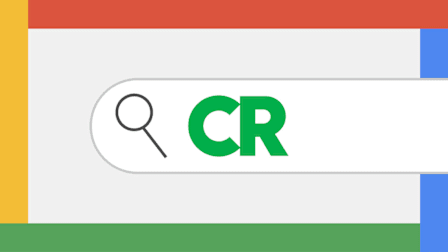 Illustration of a search bar with a magnifying glass icon and the green CR logo inside, surrounded by colored borders.