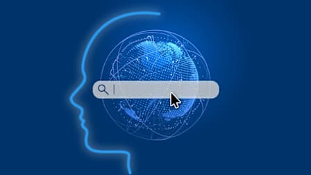 Digital illustration showing the profile of a face with a globe acting as the "brain". A search bar sits over the globe.