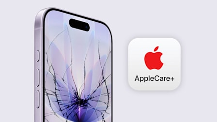 Apple Care logo and an iPhone with cracks on its screen