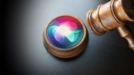 Photo illustration of the Siri icon on the  block of a gavel.