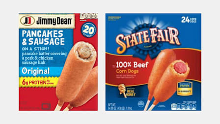 Jimmy Dean Pancakes & Sausage on a stick and State Fair 100% Beef corn dogs.