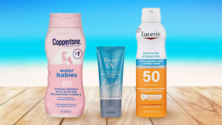 Coppertone Water Babies Lotion SPF 50,  Biore UV Aqua Rich SPF 50 Daily Moisturizer and Eucerin Advanced Hydration Spray SPF 50 suncreens against a blue sky background