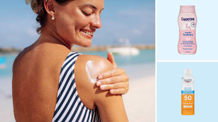 A woman at the beach applying sunblock to her shoulder, Coppertone Water Babies Lotion SPF 50, 
Eucerin Advanced Hydration Spray SPF 50