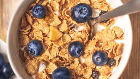 overhead view of a bowl of cereal with blueberries with stainless steel spoon, close up
