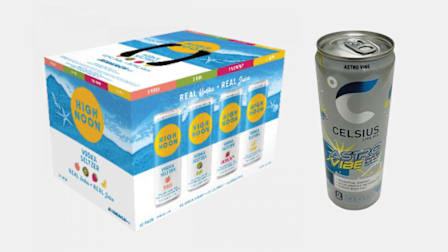 box of High Noon Beach Variety Pack and can of CELSIUS ASTRO VIBE Energy Drink, Sparkling Blue Razz Edition