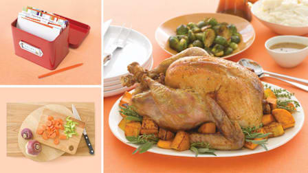 A roasted turkey with vegetables on a platter, surrounded by side dishes, a recipe box, and chopped vegetables on an orange background.