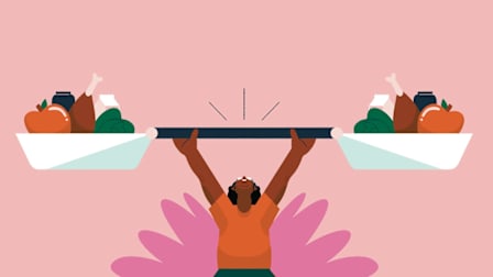 illustration of person holding weights above their head with each side filled with apples, chicken legs, lettuce, milk, and protein powder
