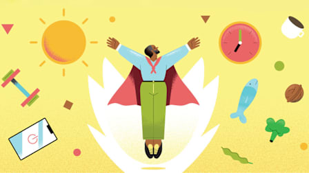 illustration of person wearing cape while flying with clock, fish, vegetables, sun, exercise weight, and smartphone around them