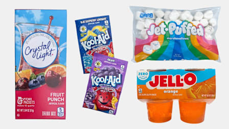 Crystal Light Fruit Punch, two Kool-Aid packets, Jet-Puffed Marshmellows, orange-flavored Jell-O.