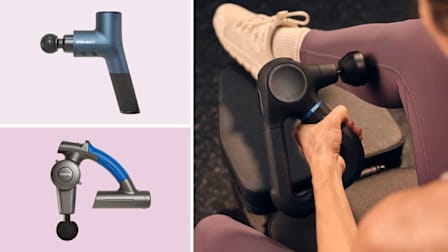 grid with 
Ekrin B37S and Renpho R4 Pro massage guns on light purple backgrounds and close up of person using Therabody Theragun Pro massage gun on calf