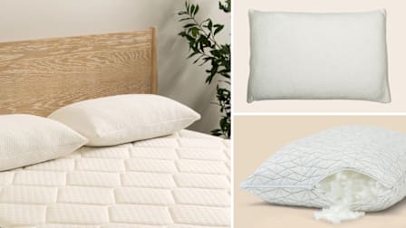 grid of Plank by Brooklyn Bedding Premium Shredded Foam on bed with wood headboard and plant in corner, and Nectar Tri-Comfort Cooling and Coop Sleep Goods The Original pillows on beige backgrounds