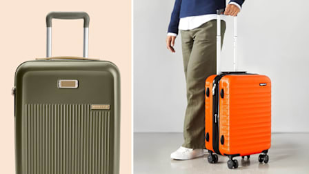 split image of Briggs & Riley Sympatico Essential 22" in green on beige background and person holding Amazon Basics 21" Hardside Carry-On Luggage in orange