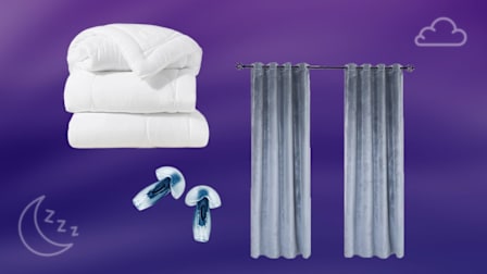 clockwise from top left: Buffy Cloud Comforter, Cherry Home Velvet Texture Blackout Curtains, Happy Ears Original Discovery Pack