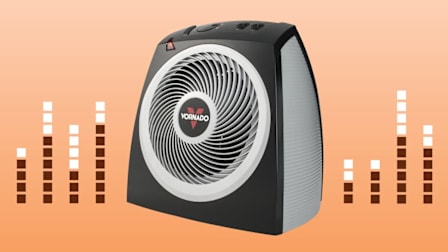 Vornado VH10 space heater on orange background with sound waves