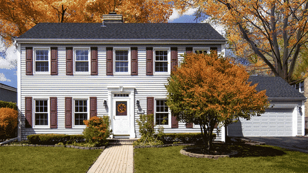 A GIF cycles through a house in the fall, insulation in the attic, gutters with leaves, a pile of twigs and piping, and then transitions to a home in the winter with snow.