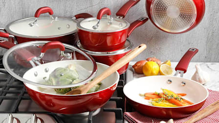 Kenmore Arlington Nonstick Ceramic Coated cookware set seen in a kitchen on a gas range.