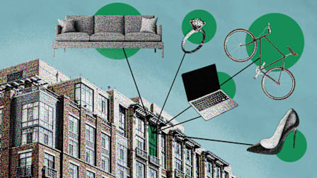 A photo illustration of a number of personal items highlighted in green coming out a window of an apartment building.