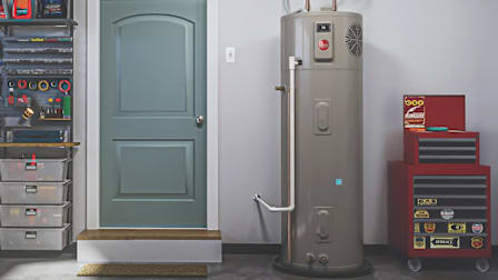 Rheem ProTerra heat pump water heater seen in a garage setting.