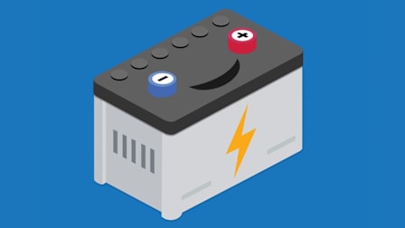 An illustration of a smiling car battery with a lightning bolt symbol.
