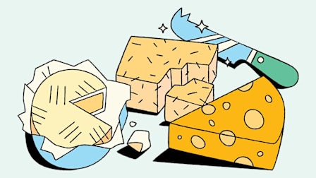 Illustration of various cheeses and knife