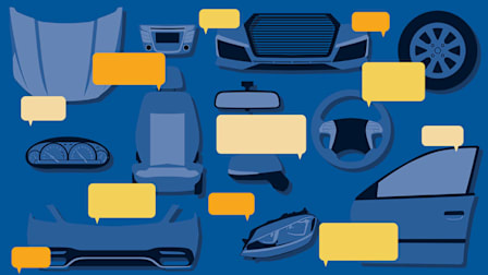 Various car parts on a blue background with yellow and orange speech bubbles.
