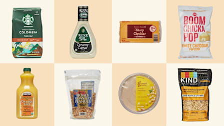 Starbucks Colombia Ground Medium Roast, Ken's Creamy Caesar, Member's Mark (Sam's Club) Sharp Cheddar Cheese, Angie's Boomchickapop White Cheddar Popcorn, Kirkland Orange Juice, Trader Joe's The Original Honey Roasted Peanuts, Good & Gather (Target) Classic Hummus, Kind Oats & Honey Granola with toasted coconut