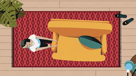 illustration of older woman tugging on arm of an large chair